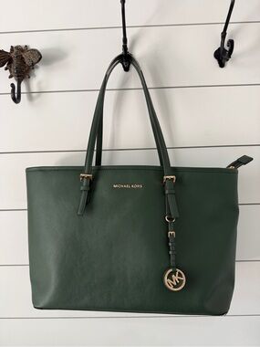 Michael Kors Forest Green Leather Tote with Gold Hardware